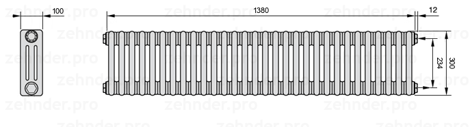 Схема (чертеж) Радиатор Zehnder Charleston 3030/30 №7610 Белый глянцевый RAL 9016